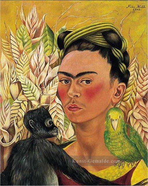 Selbstporträt mit Affen  und Papageienfeminismus Frida Kahlo Ölgemälde